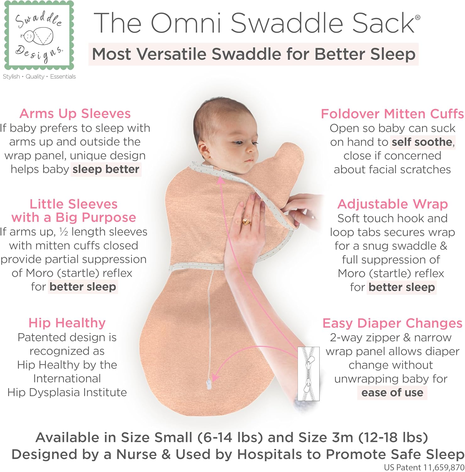 SwaddleDesigns 6-Way Omni Swaddle Sack Arms Up Swaddle for Newborn, More Options to Calm Startle Reflex, Improves Sleep