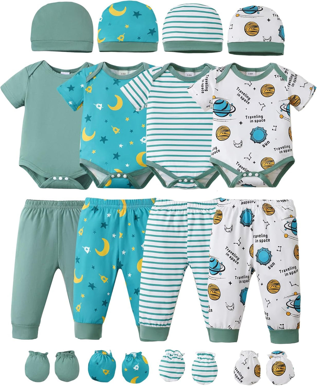NZRVAWS Newborn Baby Boy Girl Clothes Unisex Infant Romper Pants Set Hat 4-Pack Outfits 0-12 Months 16 Pieces Toddler