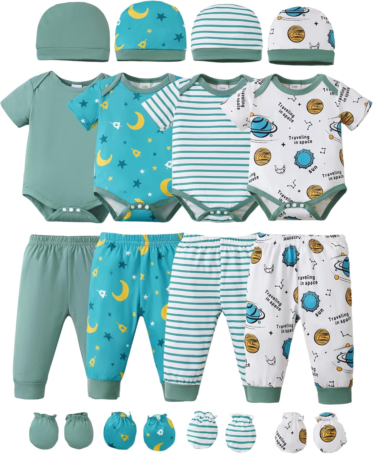 NZRVAWS Newborn Baby Boy Girl Clothes Unisex Infant Romper Pants Set Hat 4-Pack Outfits 0-12 Months 16 Pieces Toddler