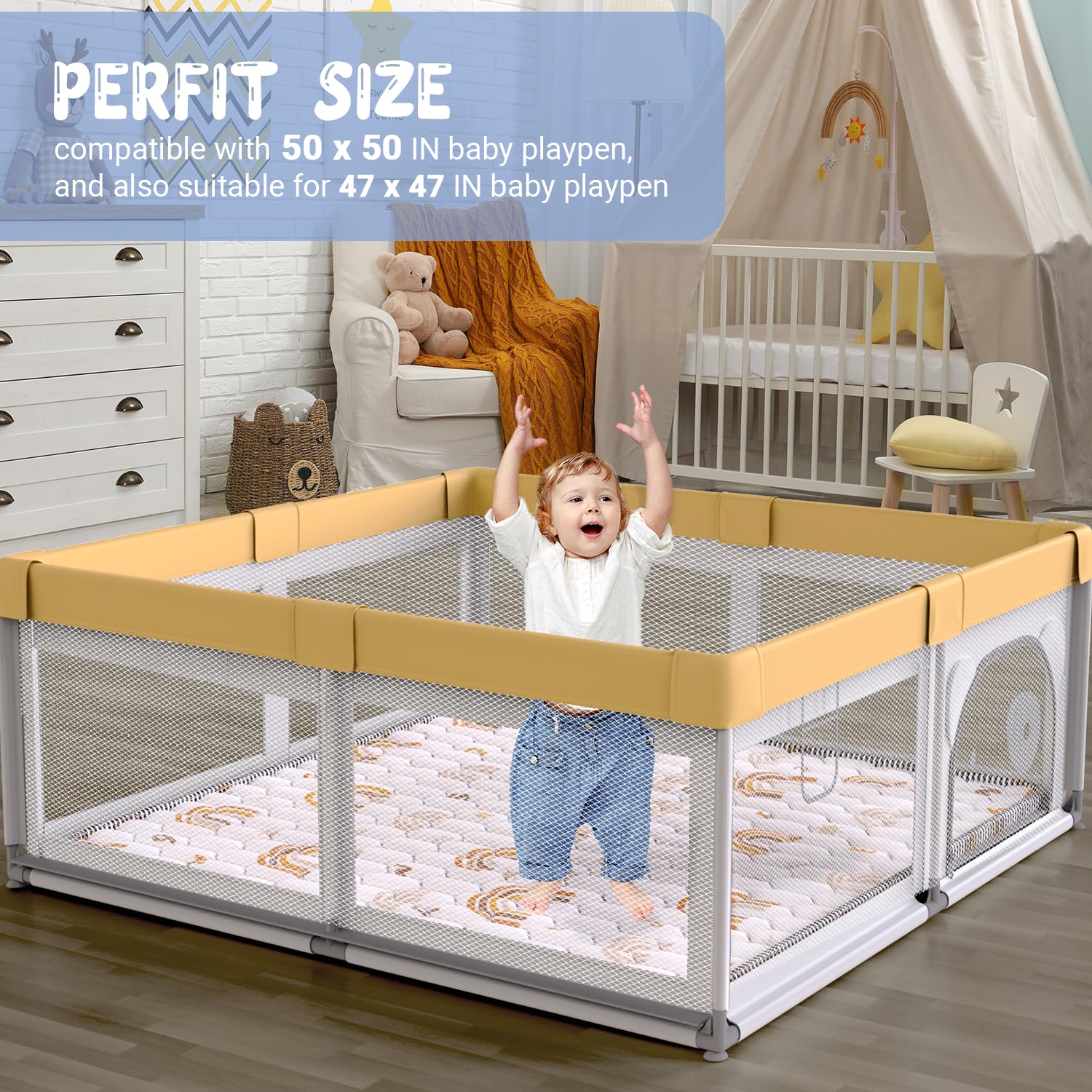 Boho Rainbow Baby Play Mat 50" X 50" Playpen Mat Thicken One-Piece Baby Crawling Mat Non-Slip Cushioned Baby Floor Mat Activity Playmats for Infants, Babies, Toddlers (50X50, Letters+Number)