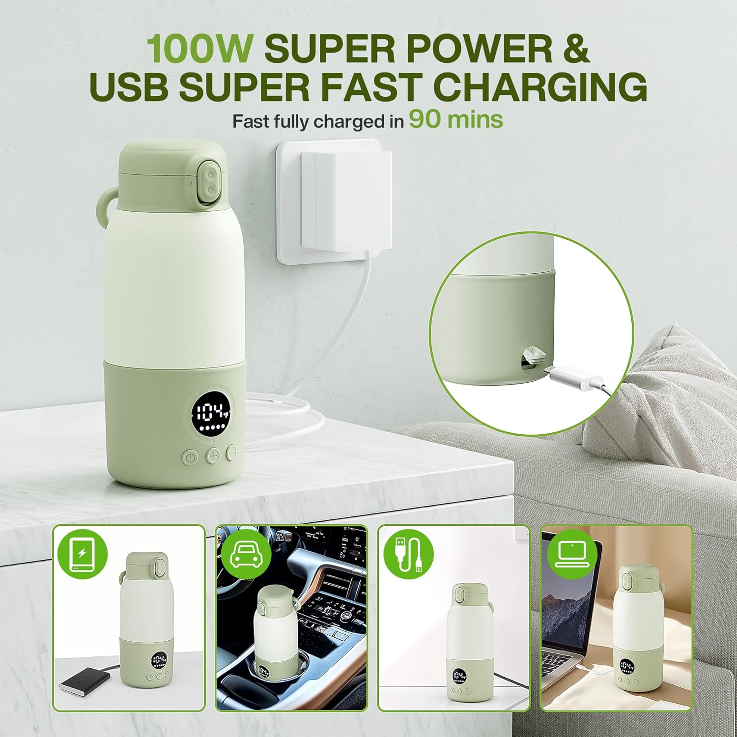 Portable Bottle Warmer for Travel,Formula Container to Go 12.8oz Baby Bottle Warmer with 2-Min Fast Heating,Milk Warmer for Baby Travel Essential with Long Time Keep Warm Function