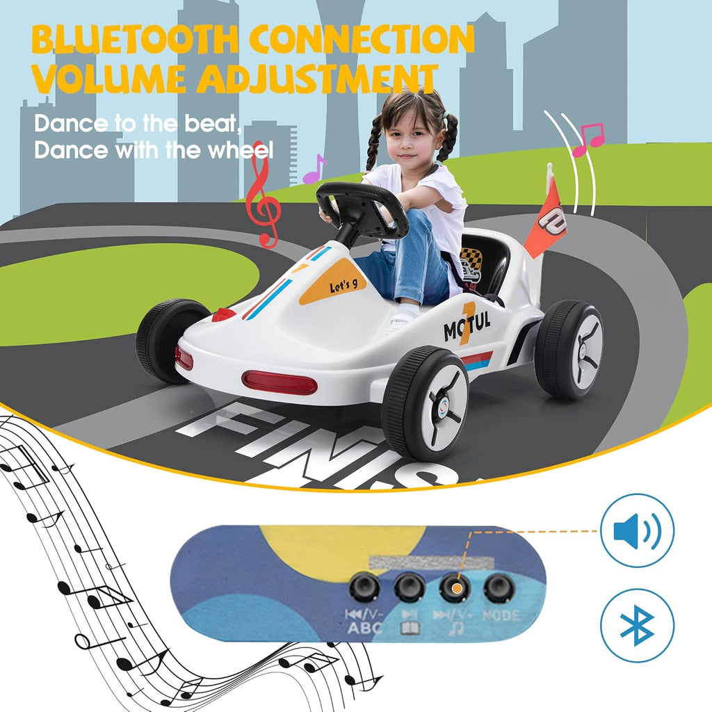 TOBBI 12V Electric Go Kart for Kids Battery Powered Ride on Car Outdoor Race Toy with Remote Control, Safety Belt, Music, LED Lights and Flags for Toddlers 3-8 Years, White