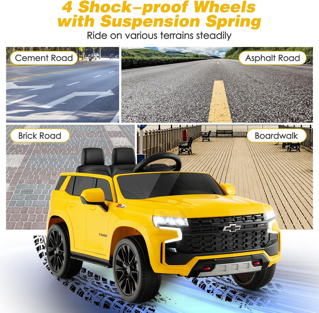 Costzon Ride on Car, 12V Licensed Chevrolet Tahoe Battery Powered Electric Vehicle w/ 2.4G Remote Control, High/Low Speed, Music, Lights, MP3/USB/FM, Spring Suspension, Electric SUV for Kids (Yellow)