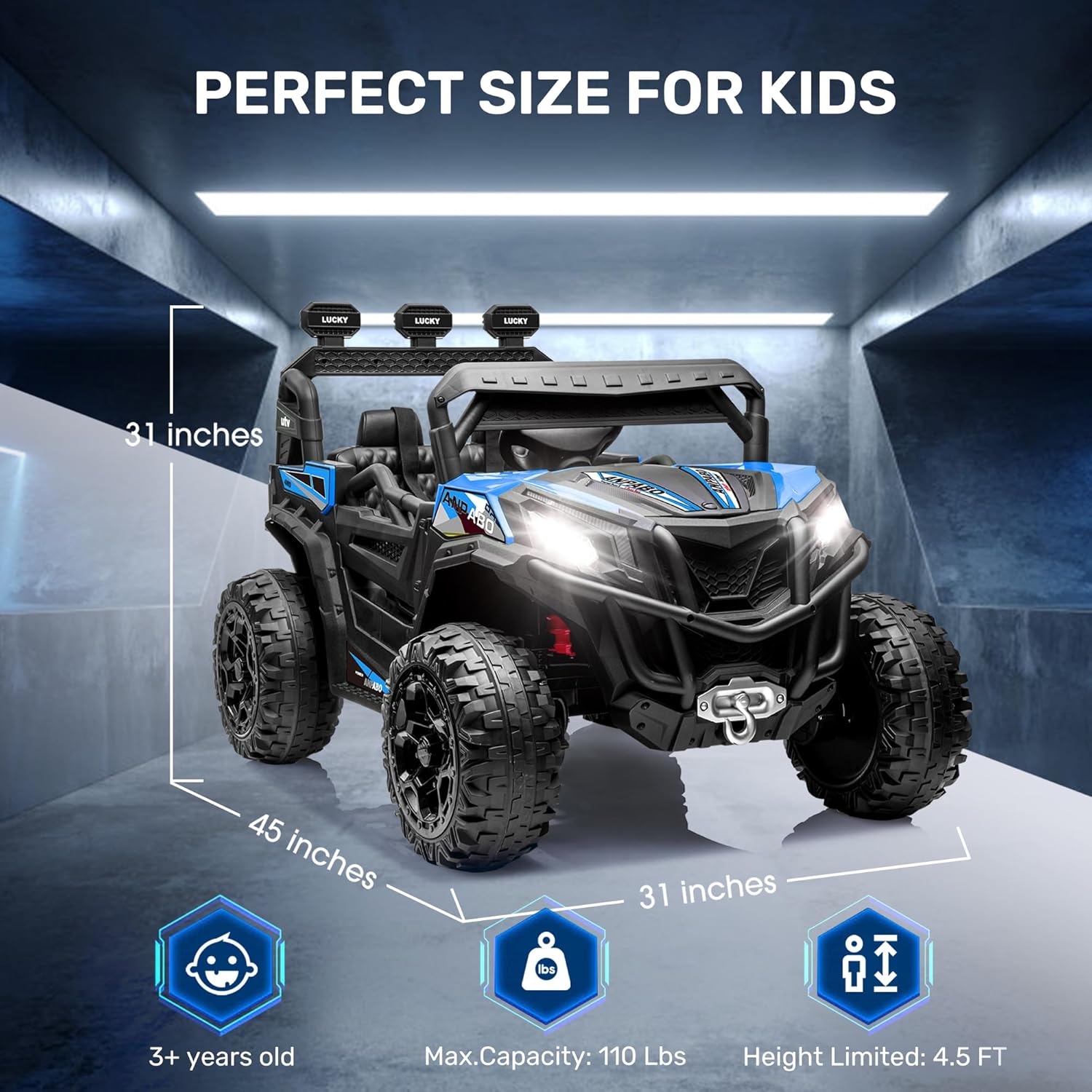 ANPABO 24V 4X4 Ride on Car Truck w/Remote Control, 4WD/2WD Switchable Kids UTV, 19" Spacious Seat, 4 Shock Absorbers, Soft Start, Music Player, Electric Car for Kids (Blue)