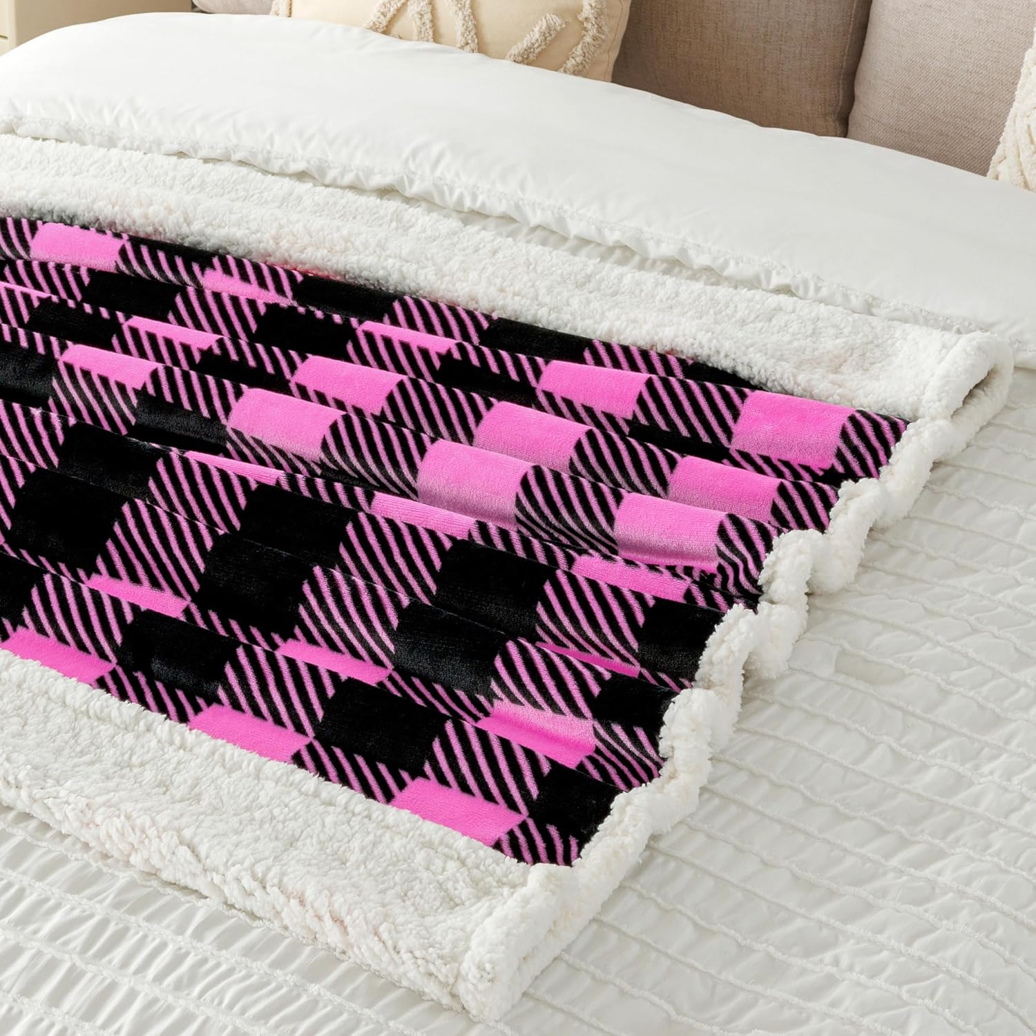 Touchat Sherpa Plaid Twin Blanket 60" X 70", Fuzzy Fluffy Soft Cozy Throw Blanket, Twin Size Plush Fleece Flannel Plush Microfiber Blanket for Couch Bed Sofa (Rosepink)
