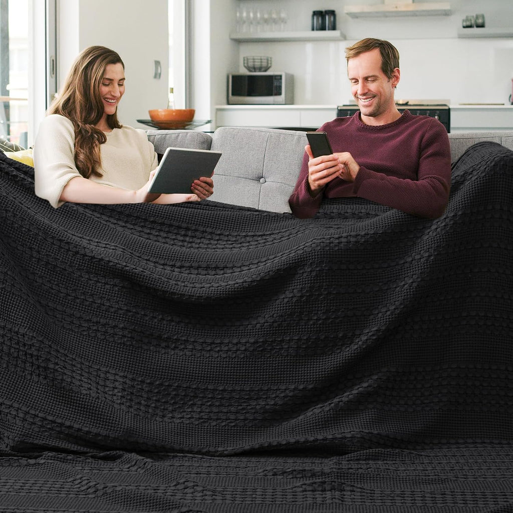 PHF 100% Cotton Waffle Weave Blanket Oversized King for Bed 120"x120"- Giant Big Lightweight Blanket 10'x10' for Bed Sofa - Aesthetic Extra Large Washed Cotton Soft Blanket - Black