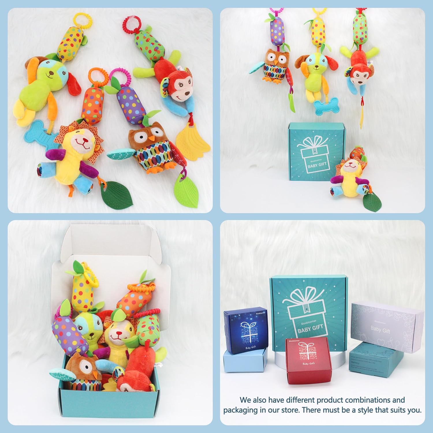 BLOOBLOOMAX Baby Soft Hanging Rattle, Car Seat Stroller Toys with Plush Animal C-Clip Ring for Infant Babies Boys and Girls 3 6 9 to 12 Months (4pcs)