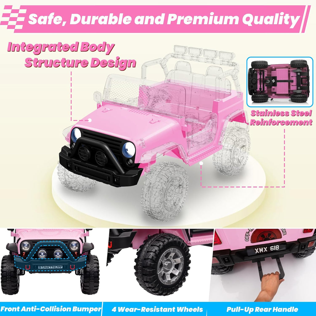24V 4WD Ride on Truck Car w/800W Motors, Gift Flower, Remote Control, 2 Seaters, Light Bar, 3 Speeds, Pop Music, Power Four Wheels, 25 Volt Ride on Toy Car for Big Kids, Pink