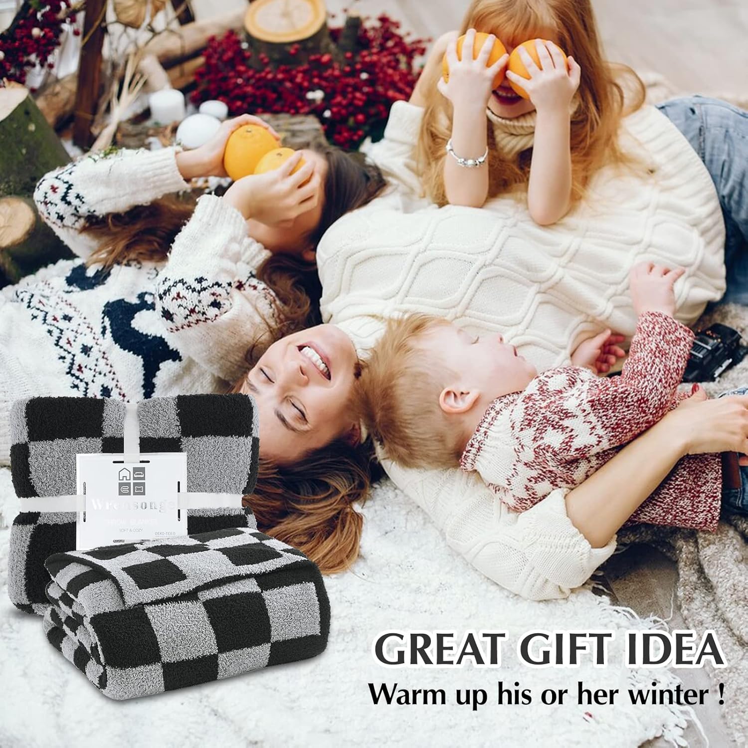 WRENSONGE Checkered Throw Blanket, Black Grey Checkered Soft Cozy Fluffy Warm Hand Made Throw Blankets for Couch, Sofa, Chair, Bed, Picnic,Travel Lightweight Bed Blankets for Men