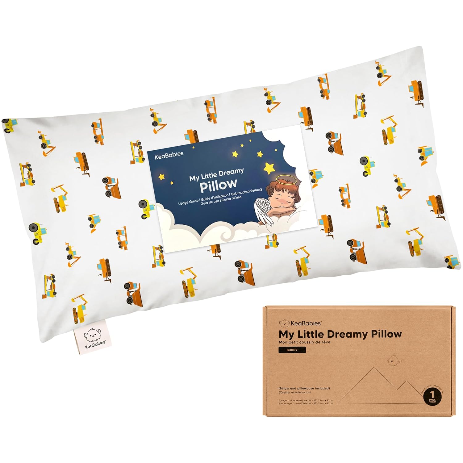 Toddler Pillow with Pillowcase - 10x18 My Little Dreamy Kids Travel Bed Pillows for Sleeping, Organic Cotton Small Pillowcase, Soft & Breathable, Machine Washable,Toddlers 2-5 Years Old(Construction)