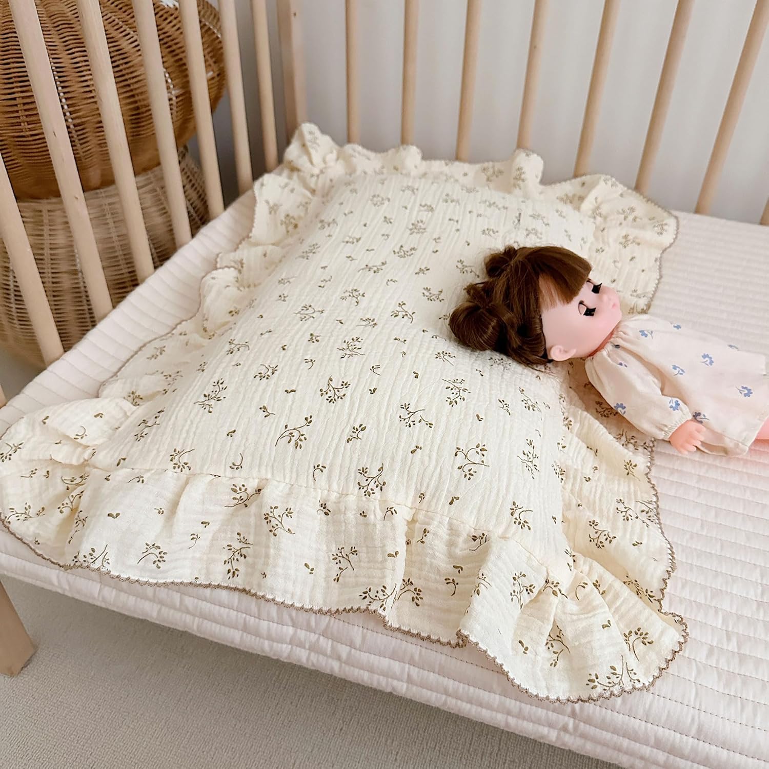 BuLuTu Olive Pattern Toddler Pillowcases Cotton Muslin Kids Pillow Case 14"x20", Soft Breathable Girls Boys Pillow Cover with Ruffle Edges, Envelop Closure, Children Bedding Decor