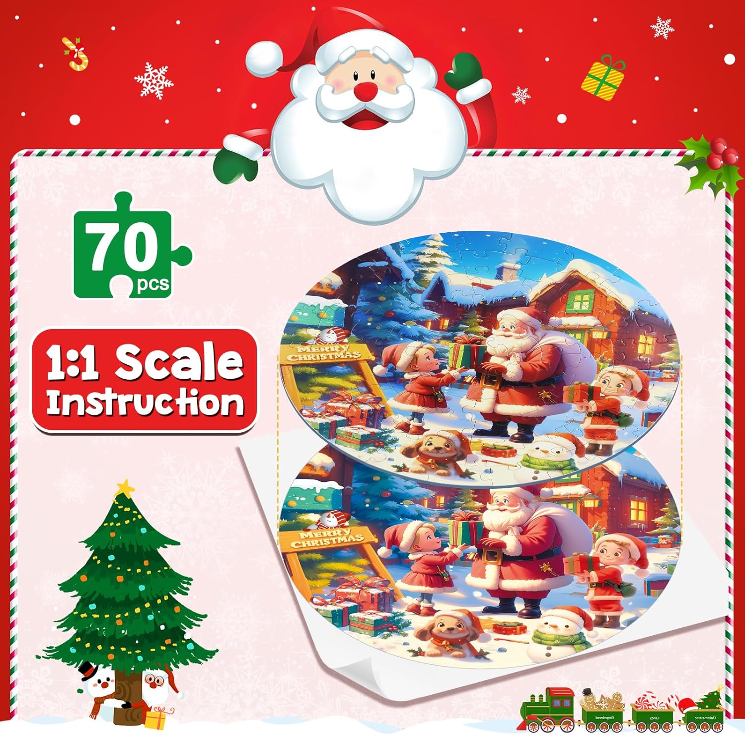 Christmas Puzzles for Kids Ages 4-6, Kids Puzzles with Santa Claus & Snowman,70 Piece Round Large Floor Puzzles for Kids Ages 3 4 5 6 7 8, Educational Toy Gift Jigsaw Puzzles for 5 Year Old Boys Girls
