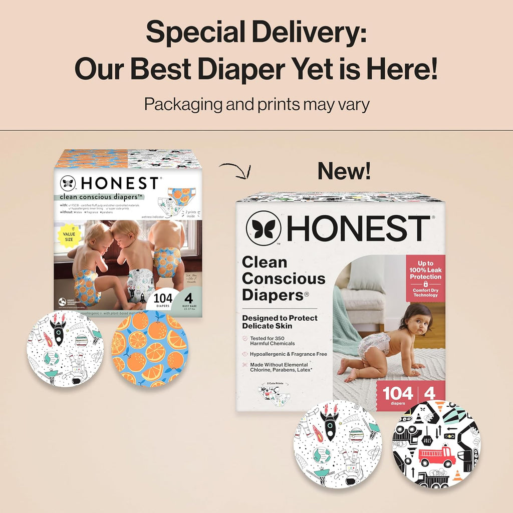 The Honest Company Clean Conscious Diapers for Delicate Skin | Up to 100% Leakproof | Hypoallergenic, Fragrance Free | Gender Neutral | Super Club Box, Size 4 (22-37 lbs), 104 Count (Prints May Vary)