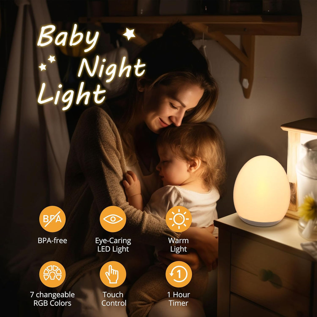 JolyWell Night Light for Kids, Baby Egg Light with 7 Colors Changing Mode & Stepless Dimming, Nursery Night Lamp BPA Free,Rechargeable Egg Night Light for Breastfeeding 1h Timer & Touch Control, Wood