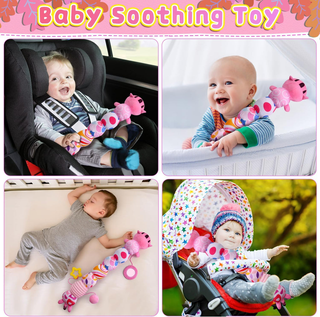 Baby Toys 0 to 12 Months, Stuffed Animal Infant Tummy Time Toys Sensory Toys with Crinkle Rattles Textures and Mirror Gifts for Newborn Boys Girls, Cat Caterpillar Musical Toys (Pink)