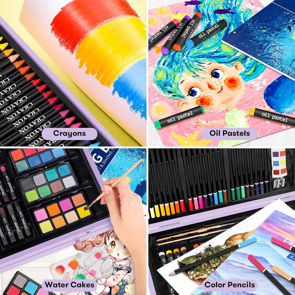 iBayam Stocking Stuffers for Kids Teens Adults, Birthday Party Art Supplies, Christmas Gifts for Teenagers, 150-Pack Wooden Art Set Crafts Drawing Painting Kit with 1 Coloring Book, 2 Sketch Pads