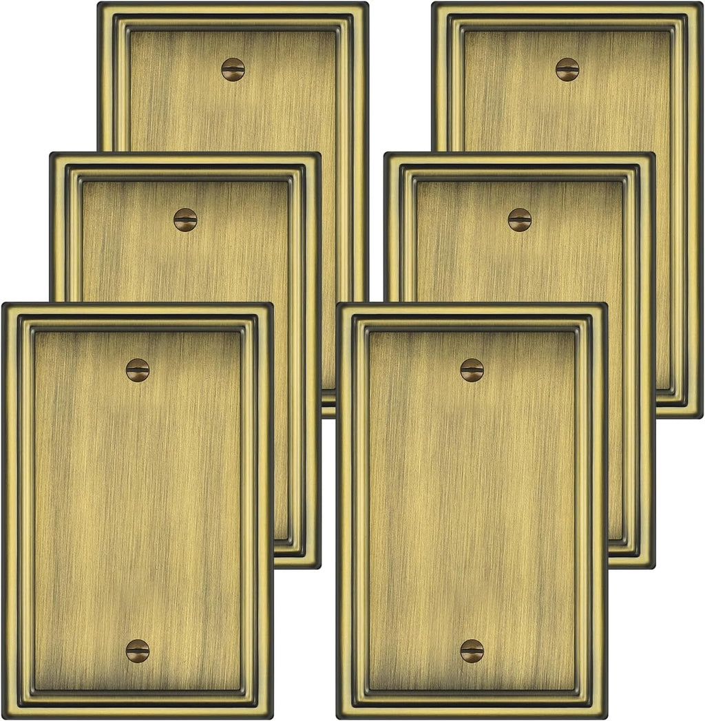 Antique Brass Decorative Blank Light Switch Covers Plate, Metal Material 1 Gang Wall Plates for Blank Light Switch, Single Blank Switch Plate Cover - Classic Style, 6 Pack