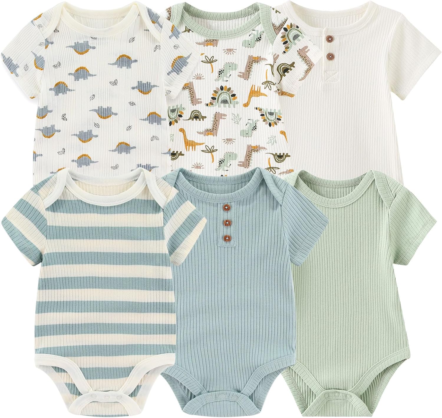 Baby Bodysuit 6 Pack Soft Mixed Ribbed Short Sleeve Romper Infant Boy Girl Clothes Set