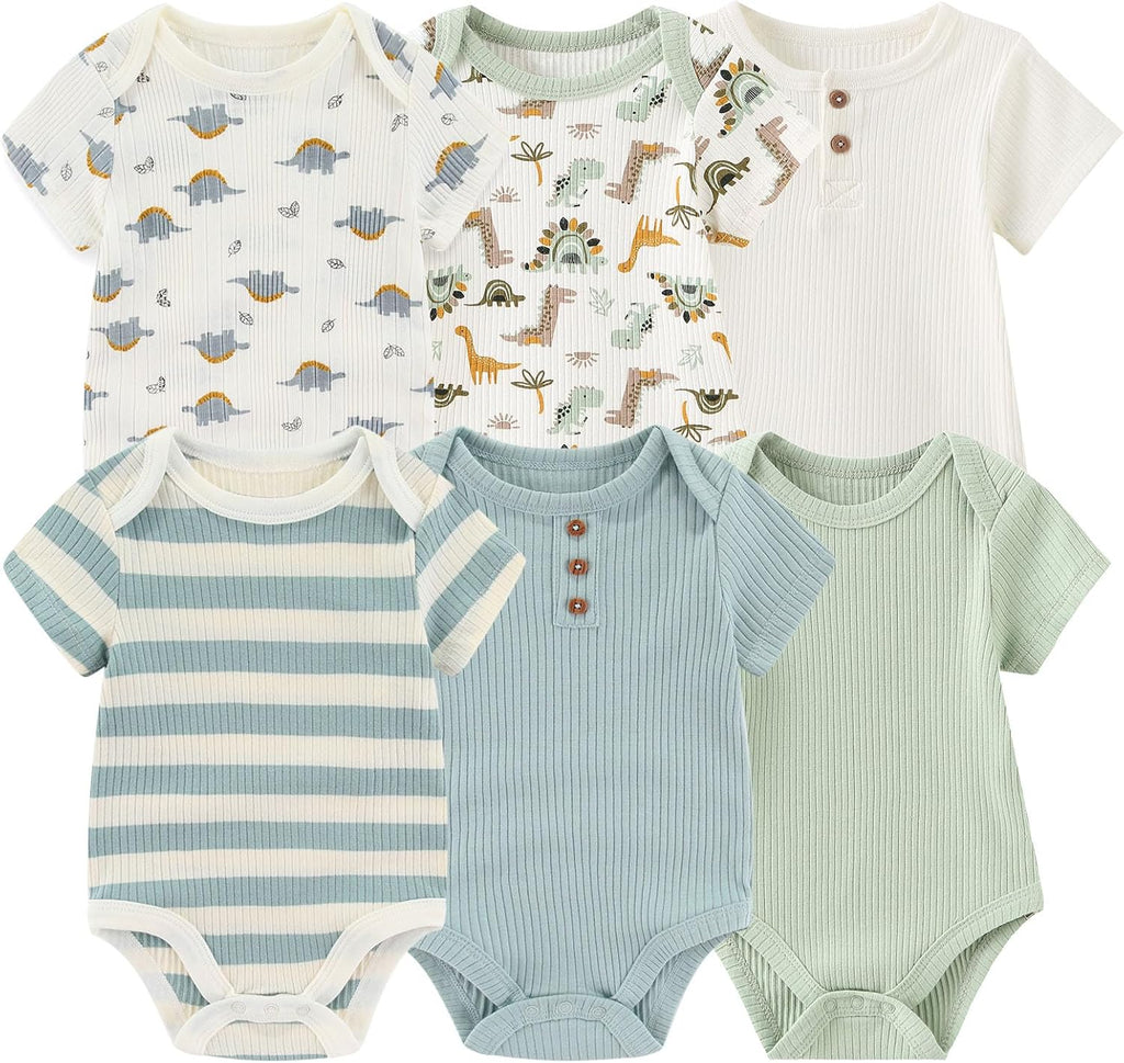 Baby Bodysuit 6 Pack Soft Mixed Ribbed Short Sleeve Romper Infant Boy Girl Clothes Set