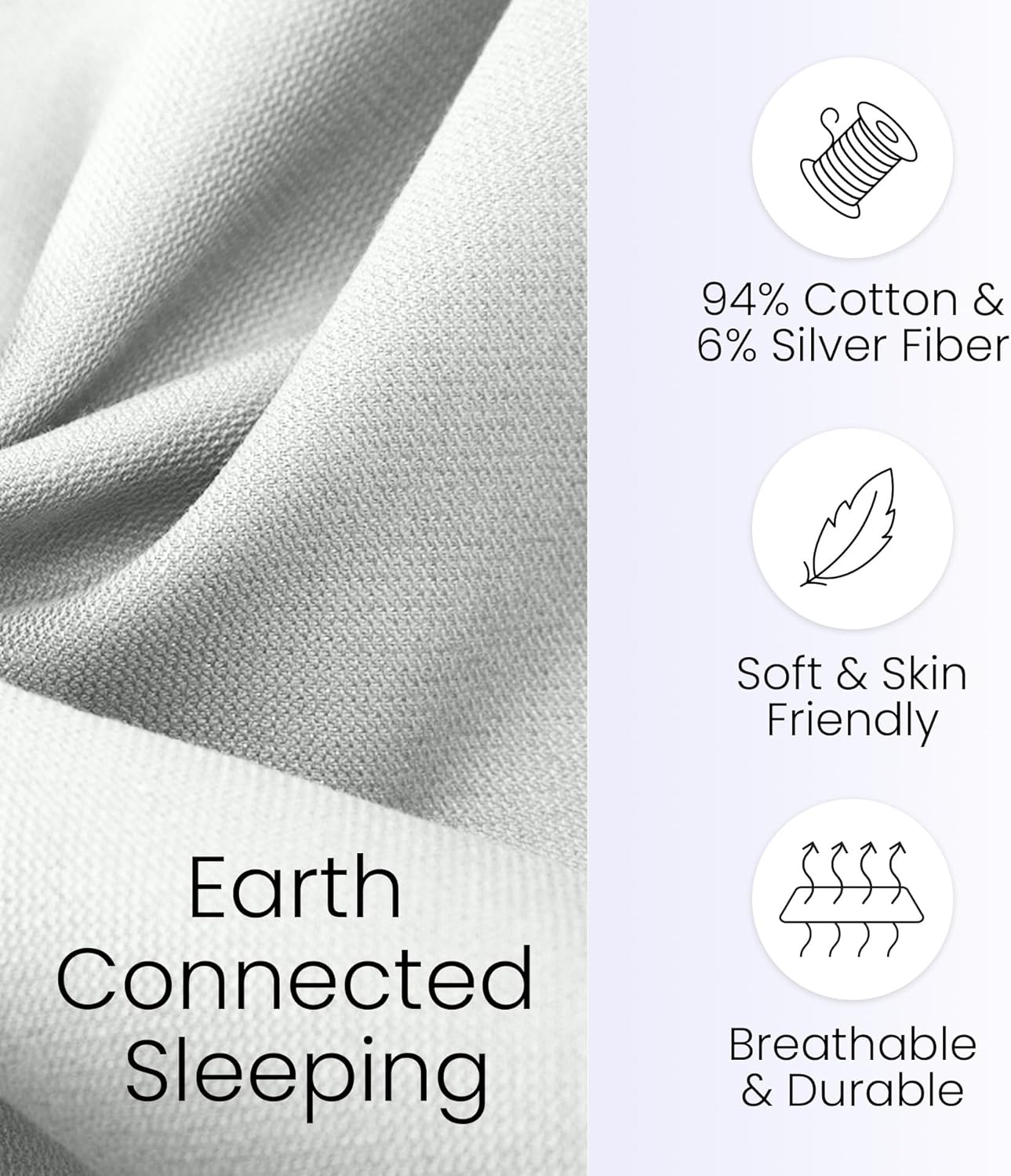 Hooga Grounding Sheet, Organic Fitted Grounded Sheet for Improved Sleep, Pain Relief - Earth Connected Bedding 60”x80”x15” Queen Size, Pure Silver Fiber and Cotton, Grounding Cord Included. Off White