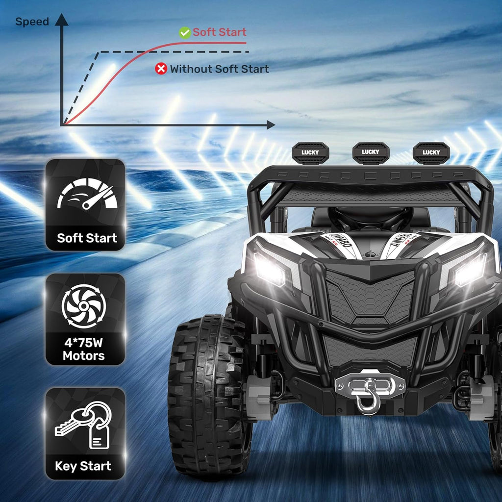 ANPABO 24V 4X4 Ride on Car Truck w/Remote Control, 4WD/2WD Switchable Kids UTV, 19" Spacious Seat, 4 Shock Absorbers, Soft Start, Music Player, Electric Car for Kids Ages 3+(White)