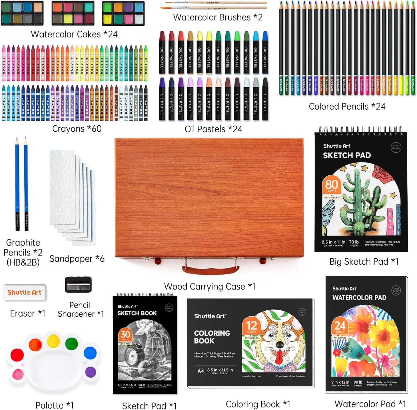 Shuttle Art 149 Piece Deluxe Art Set, Art Supplies in Wooden Case, Painting Drawing Art Kit with Crayons Colored Pencils Oil Pastels Watercolor Cakes Coloring Book Sketch Pad for Kids Adults