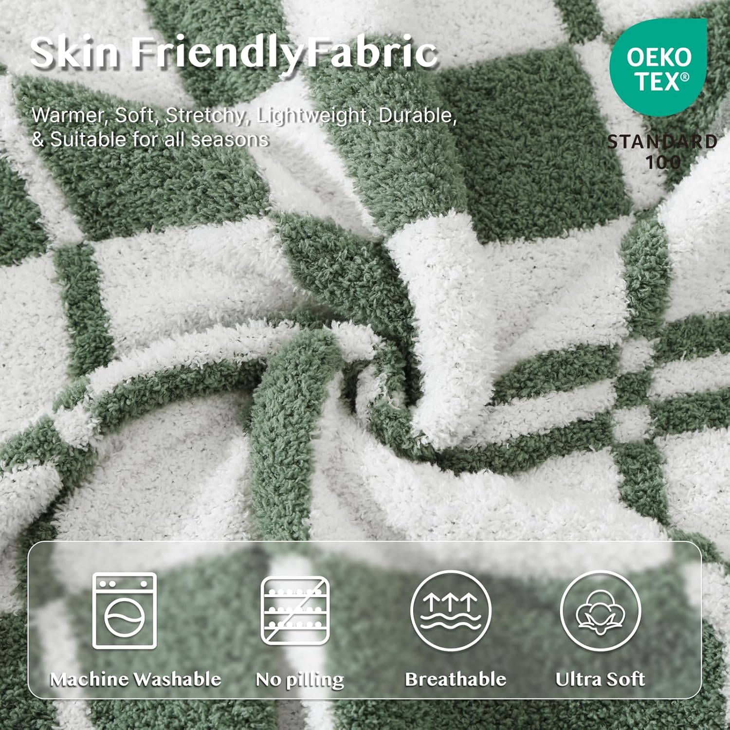 WRENSONGE Checkered Throw Blanket Olive Green Soft Cozy Fluffy Warm Hand Made Weave Throw Blankets for Couch, Sofa, Chair, Bed, Camping, Picnic, Travel Lightweight Bed Blanket - 60"*80"