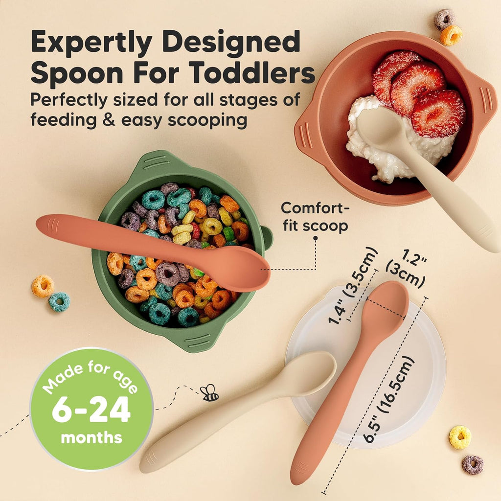 KeaBabies Silicone Baby Spoons, Self Feeding 6-12 months - 3-Pack Baby Weaning Eating Utensils,Toddler First Food Training Spoon,Infant,Kids Feeding Supplies Essential Set,Dishwasher-safe (Terracotta)