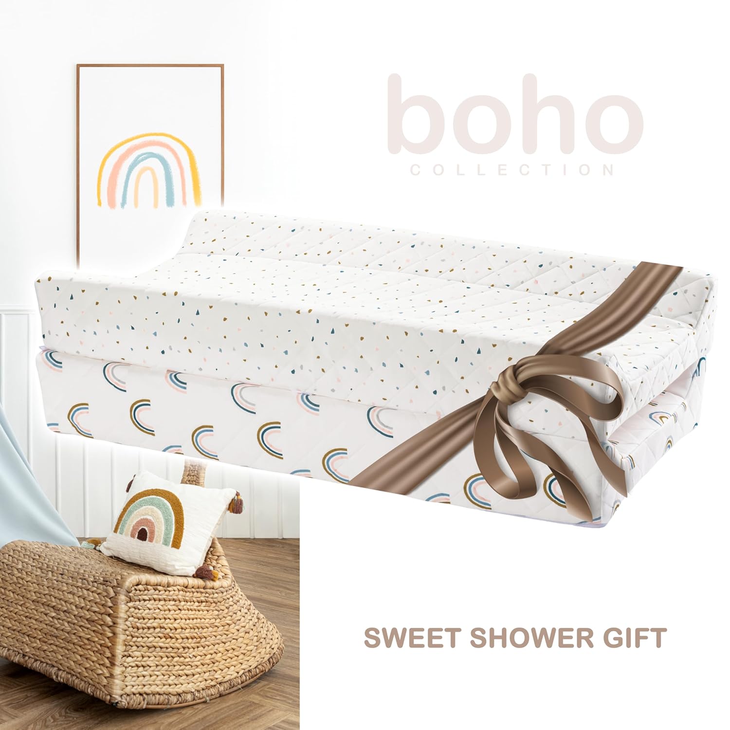 Organic Cotton Contoured Baby Changing Pad w/Waterproof Foam Mattress, Includes Soft, Removable & Washable Cover, Safety Strap, Non-Slip Bottom, Topper for Standard Size Infant Diaper Table & Dresser