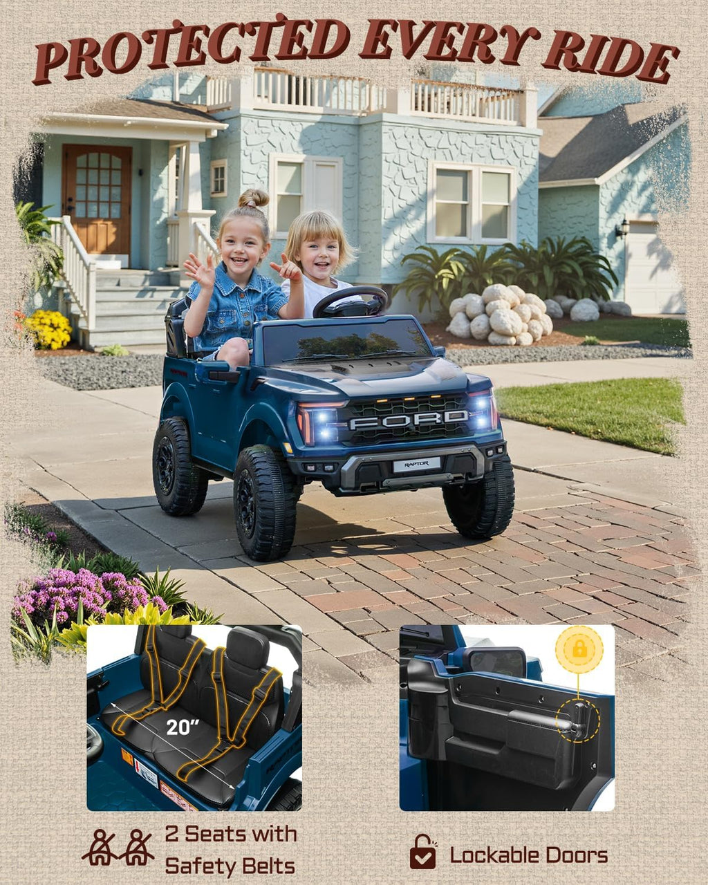 Licensed Ford F-150 Raptor 2 Seater Ride on Car for Kids, 24 Volt Ride on Toys for Boys w/Remote Control, Kids Electric Car w/LED Lights, Bluetooth, Truck Bed Storage, Soft Start (Blue)