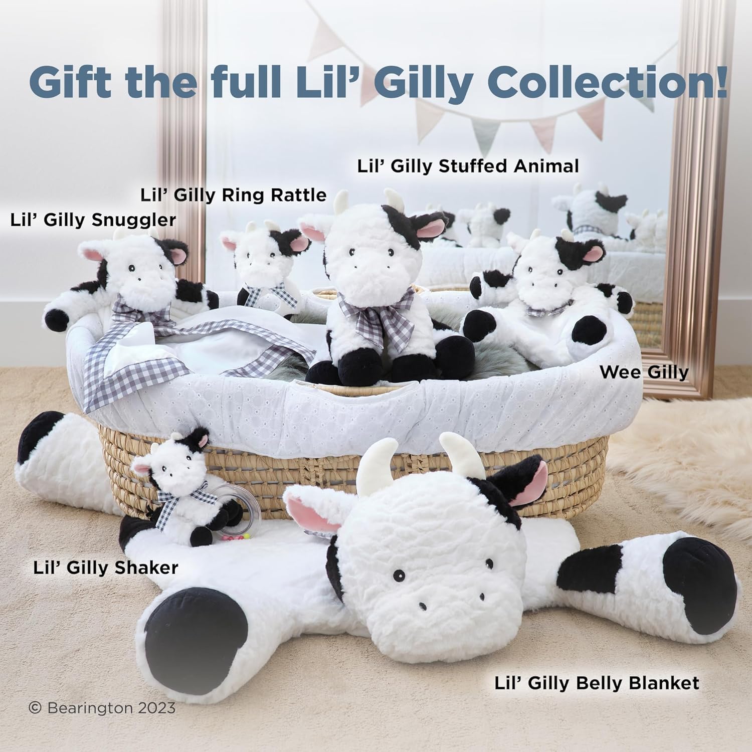 Bearington Collection Lil' Gilly 5.5 in Cow Baby Rattle - Baby - Plush Rattles Gift for Newborn