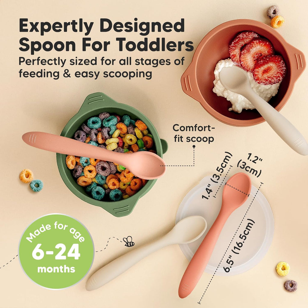 KeaBabies Silicone Baby Spoons, Self Feeding 6-12 months - 3-Pack Baby Weaning Eating Utensils, Toddler First Food Training Spoon, Infant, Kids Feeding Supplies Essential Set,Dishwasher-safe (Roseate)