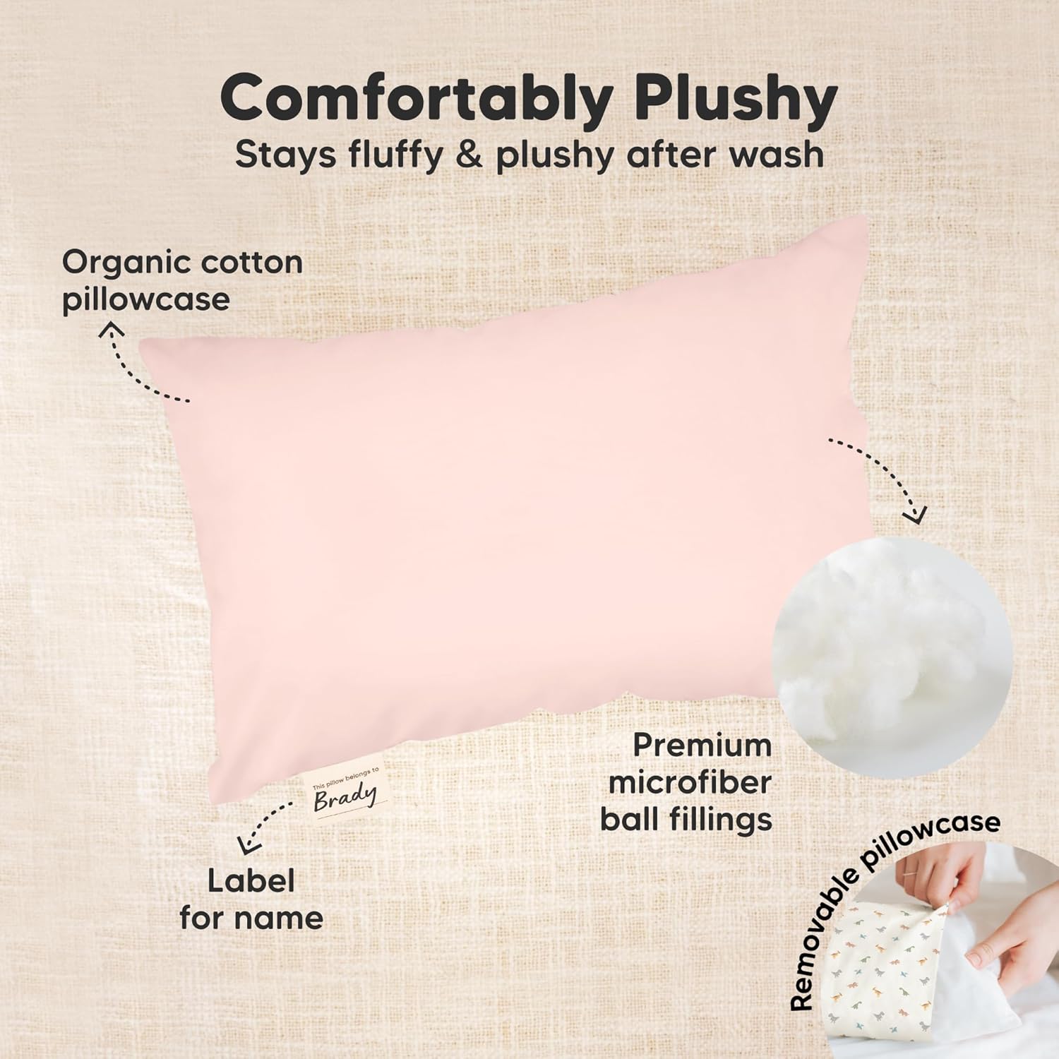 Mini Toddler Pillow with Pillowcase - 9x13 My Little Dreamy Travel Kids Pillow for Sleeping, Toddler Bed, Small, Tiny, Organic Cotton Pillowcase, Soft & Breathable, Kids 2-4 Years Old (Mist Pink)