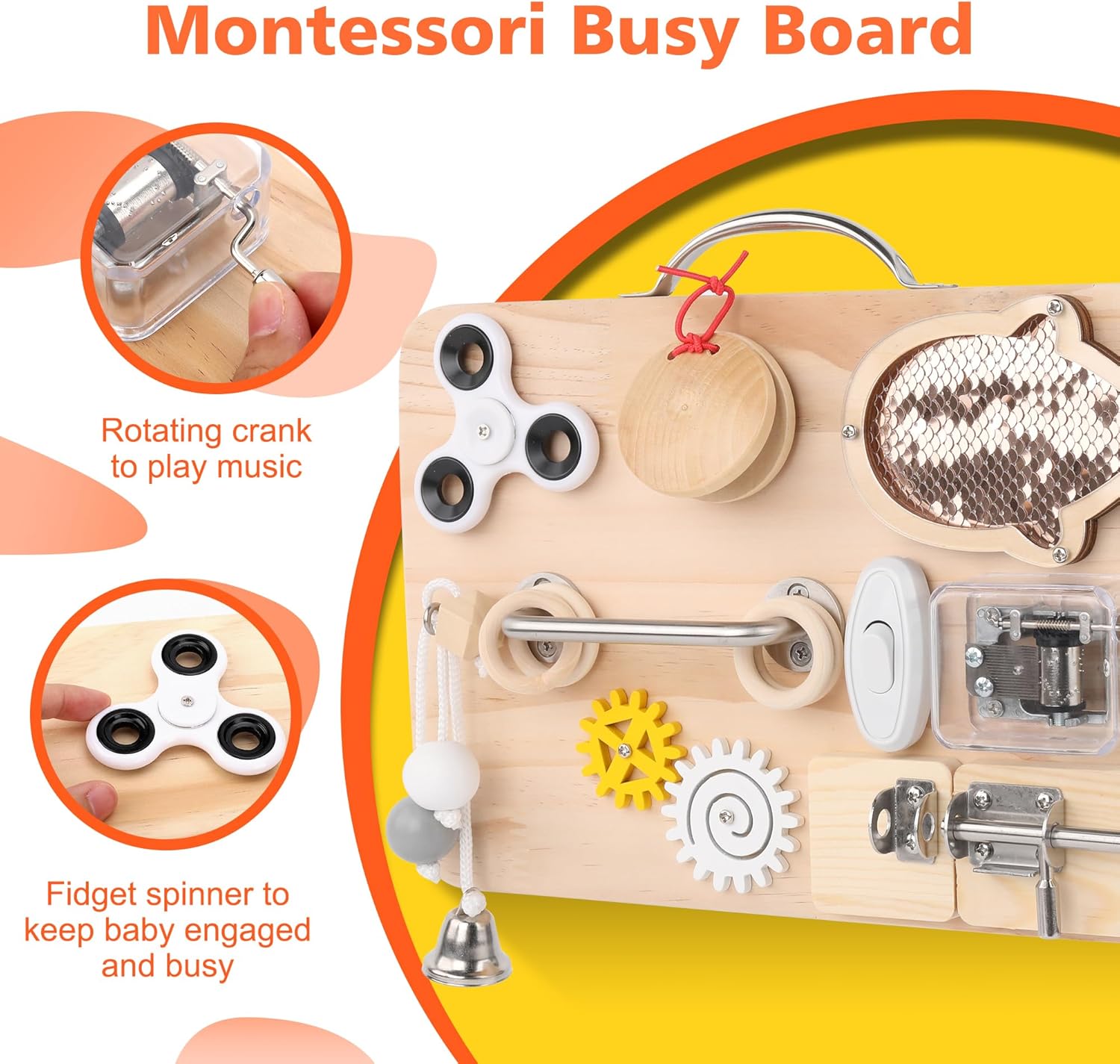 Wooden Busy Board for Toddlers, Montessori Sensory Toys for 1 2 3 4 Year Old, Autism Sensory Toys for Kids Boys Girls, Fine Motor Skills Travel Toys