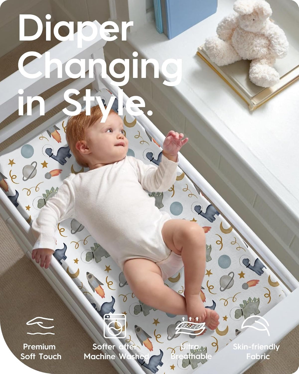 Changing Pad Cover for Girls Boys, TotBasic Premium Soft Boho Changing Table Covers, Stretchy Jersey Changing Table Sheets - Fits All Standard Changing Tables - 2 Pack (Dino Space)