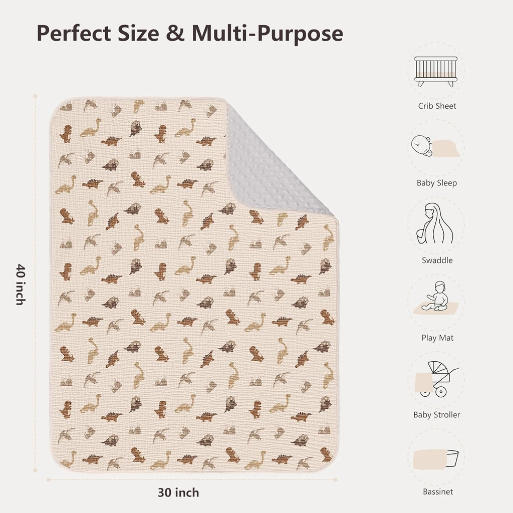 Susurration Baby Blanket for Unisex Boys Girls, Soft Nursery Minky Blanket with Muslin Cotton Front and Dotted Fleece Back, Receiving Blanket for Baby Newborn Infant, 30x40inch (Dinosaur)