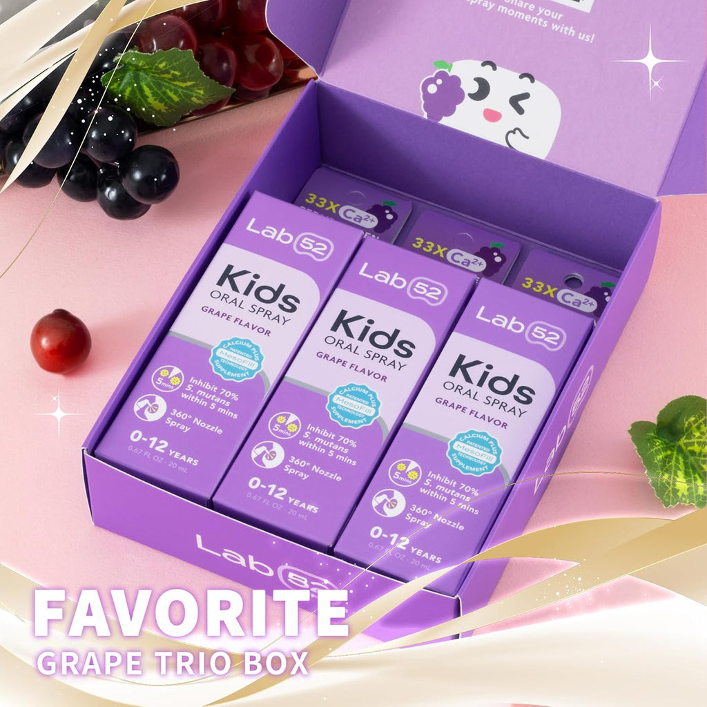 LAB52 Kids Oral Spray Gift Box, Toddler Toothpaste Helper for Daily Oral Care and Fresh Breath, Children Approved with Fluoride Free for Newborn to Preschoolers, Xylitol Grape Flavor (3 Packs)