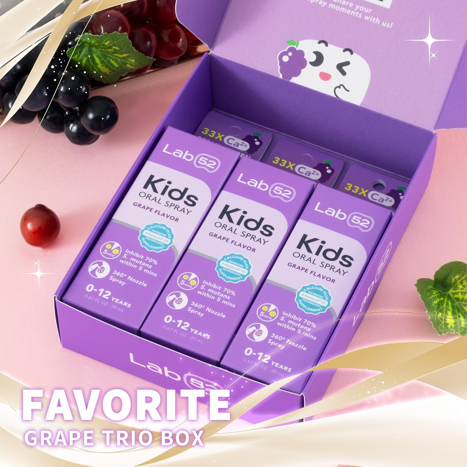 LAB52 Kids Oral Spray Gift Box, Toddler Toothpaste Helper for Daily Oral Care and Fresh Breath, Children Approved with Fluoride Free for Newborn to Preschoolers, Xylitol Grape Flavor (3 Packs)