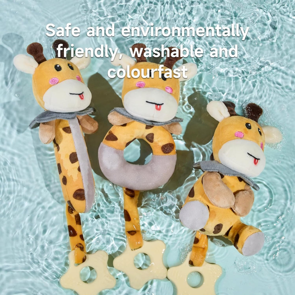 TUMAMA Baby Rattles 0-6 Months, 3 PCS Giraffe Baby Plush Rattles Sensory Toys with Teethers, Newborn Gifts for Babies 0-6 Months