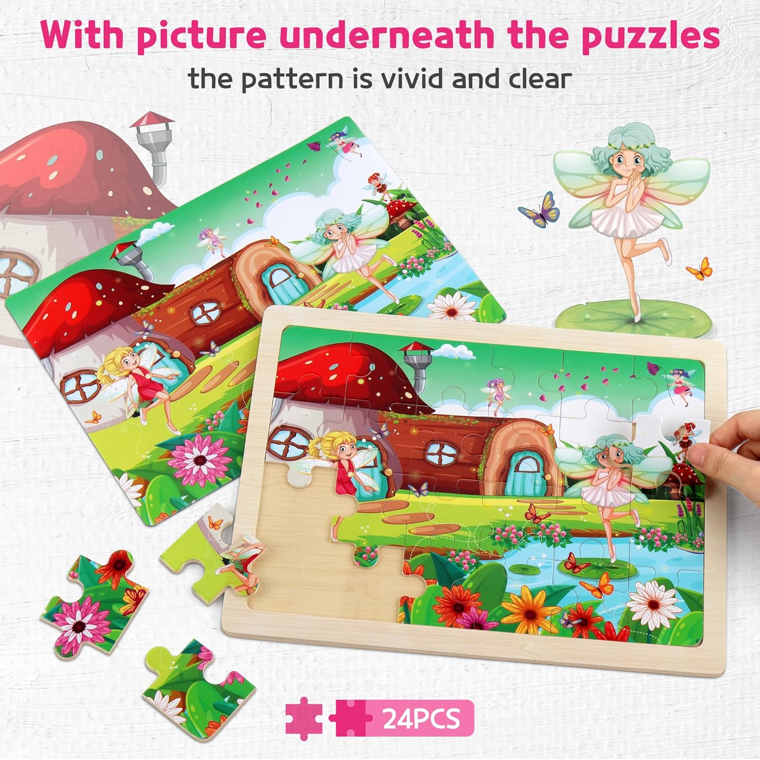 SYNARRY Large Unicorn Mermaid Princess Fairy Wooden Kids Puzzles 4 in 1 Gift Box(12.2 * 9.4 in) - FSC Certified, Wood Puzzles for Kids Ages 4-6, Toys Gifts for 3 4 5 Year Old Toddlers Girls