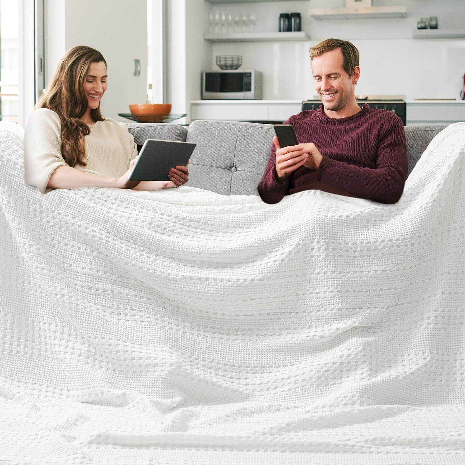 PHF 100% Cotton Waffle Blanket Oversized King 120"x120", Lightweight Breathable Extra Large 10'x10' Summer Blankets for Bed, Giant Big Luxury Aesthetic Woven Bedding for Home Decor, White