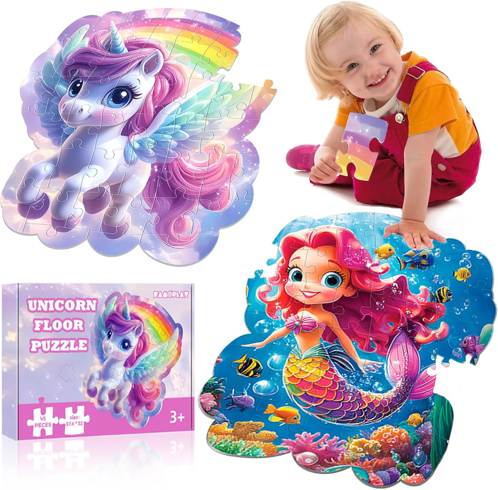 45pcs Unicorn & Mermaid Double-Sided Floor Puzzles, Ages 3-8, 27.6x32 In, Waterproof, EVA Material, Jumbo Jigsaw Puzzle, 1 Set of 45 Pieces