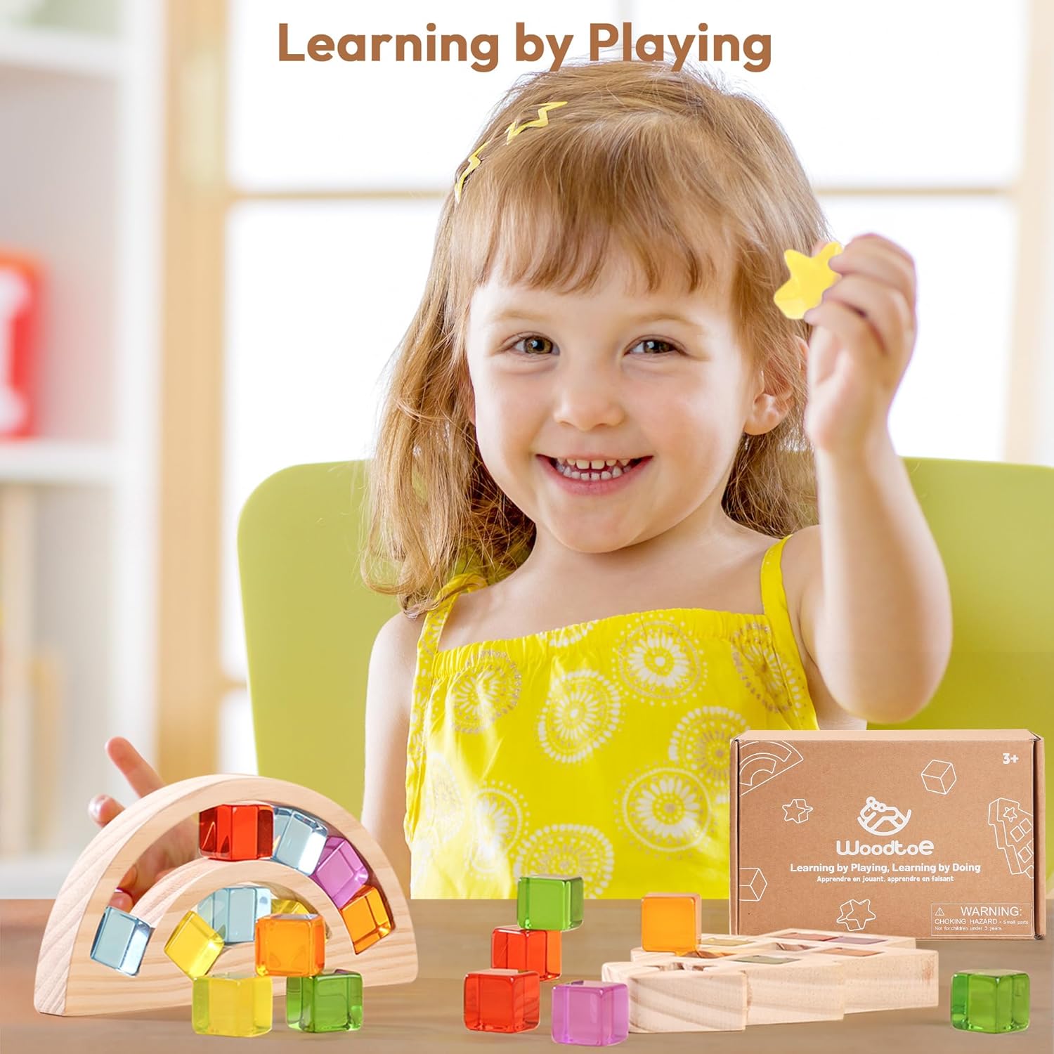 Wooden Building Blocks Set for Kids, Rainbow & Tree Shaped Wood Frame - 24 PCS Rainbow Gem Cubes Stacking Blocks, Montessori Stacking Toy for Toddlers, Early Learning Gifts for Boys Girls 3-6