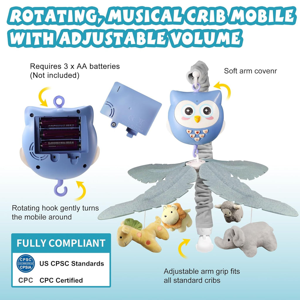 Baby Crib Mobile with Music and Lights for Boys Musical Mobile Animals for Crib Bassinet Girls Toys Hanging Portable Safari Nursery Decor Blue