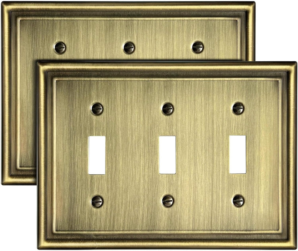 Triple Toggle Wall Plates, Metal Light Switche Covers, Antique Brass, 3-Gang, 2 Pack