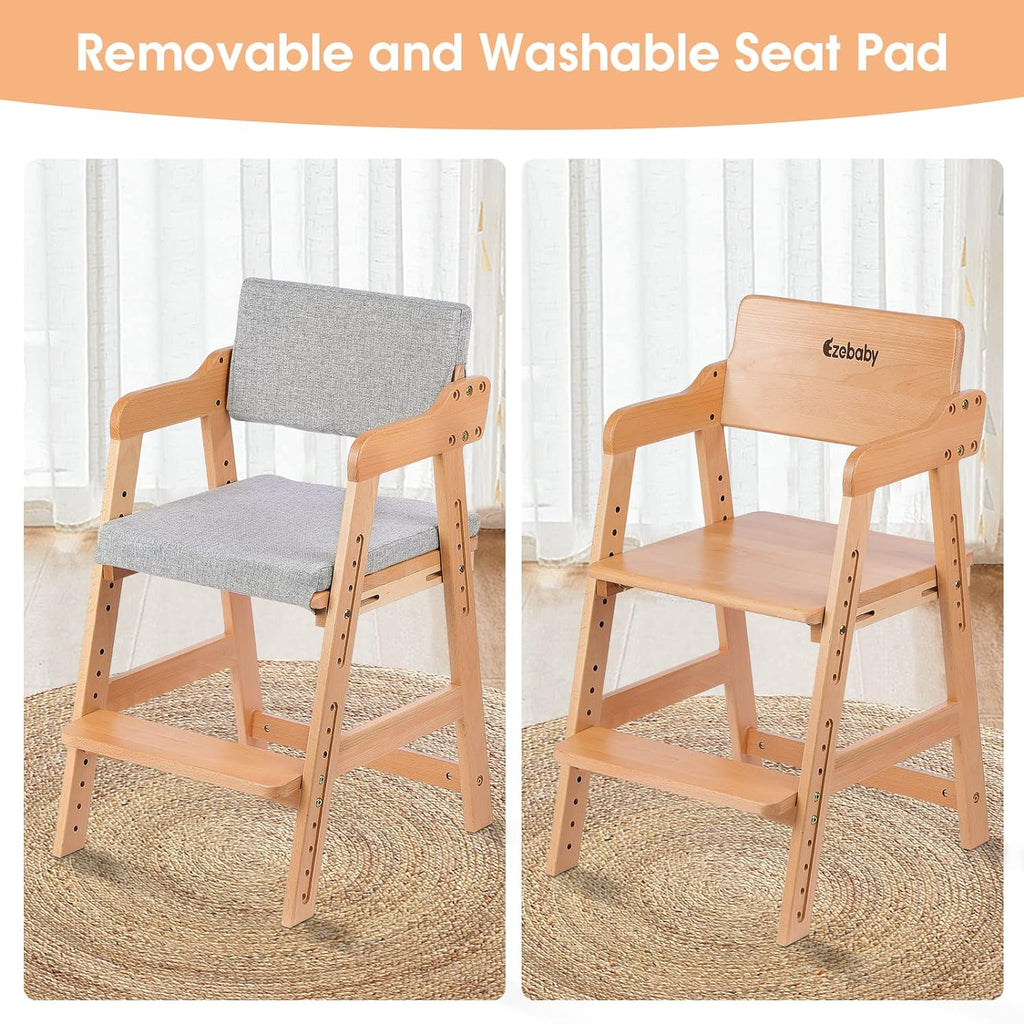 Ezebaby Wooden High Chair, Adjustable Highchair for Toddlers to Teens with Steps, Kids Dining Chair, Study Chair with Removable Cushion (Natural Color)
