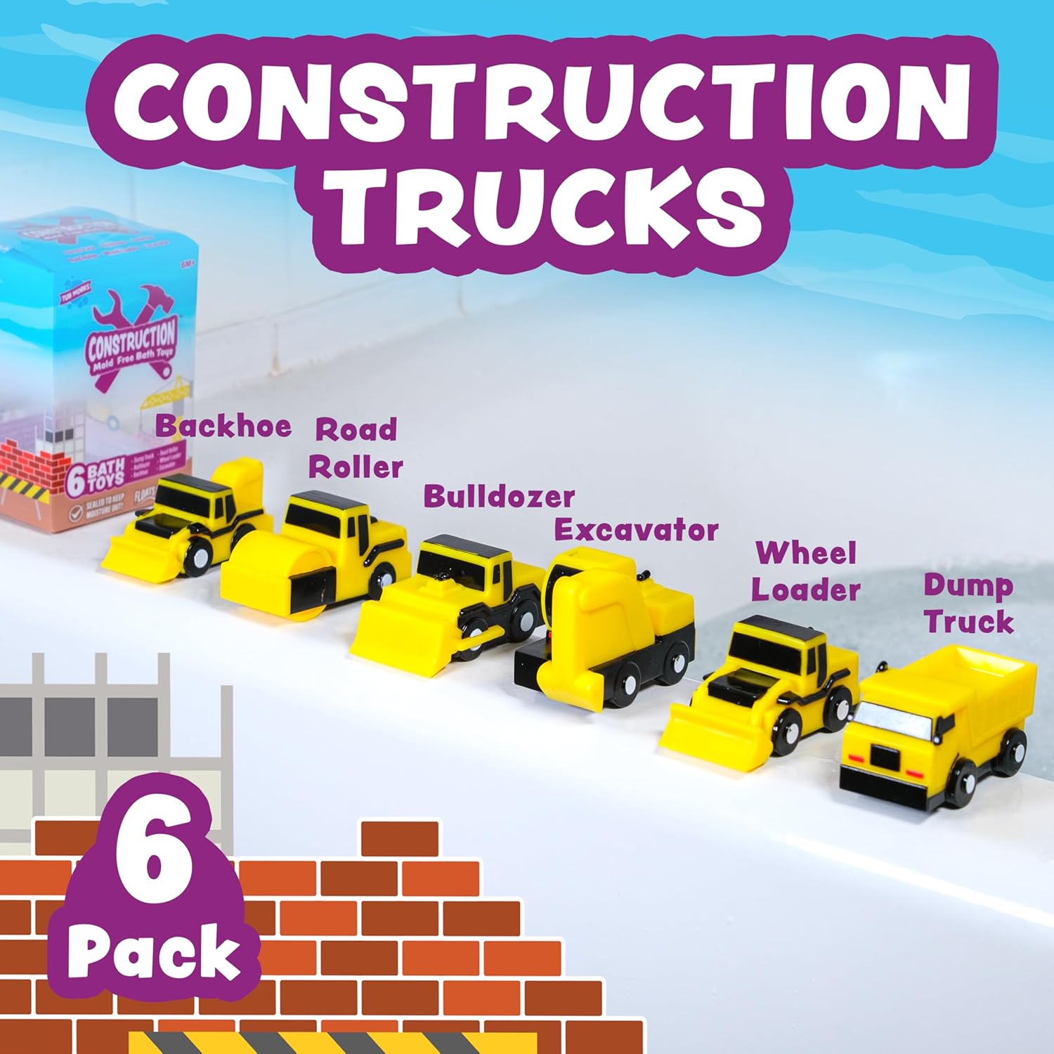 Tub Works® Construction™ Trucks Mold Free Bath Toys, 6 Pack | Sealed, No Hole Bath Toys Design Keeps Moisture Out | Soft, Squeezable & Float on Water | Baby & Toddler Bathtub Toys | Baby Pool Play