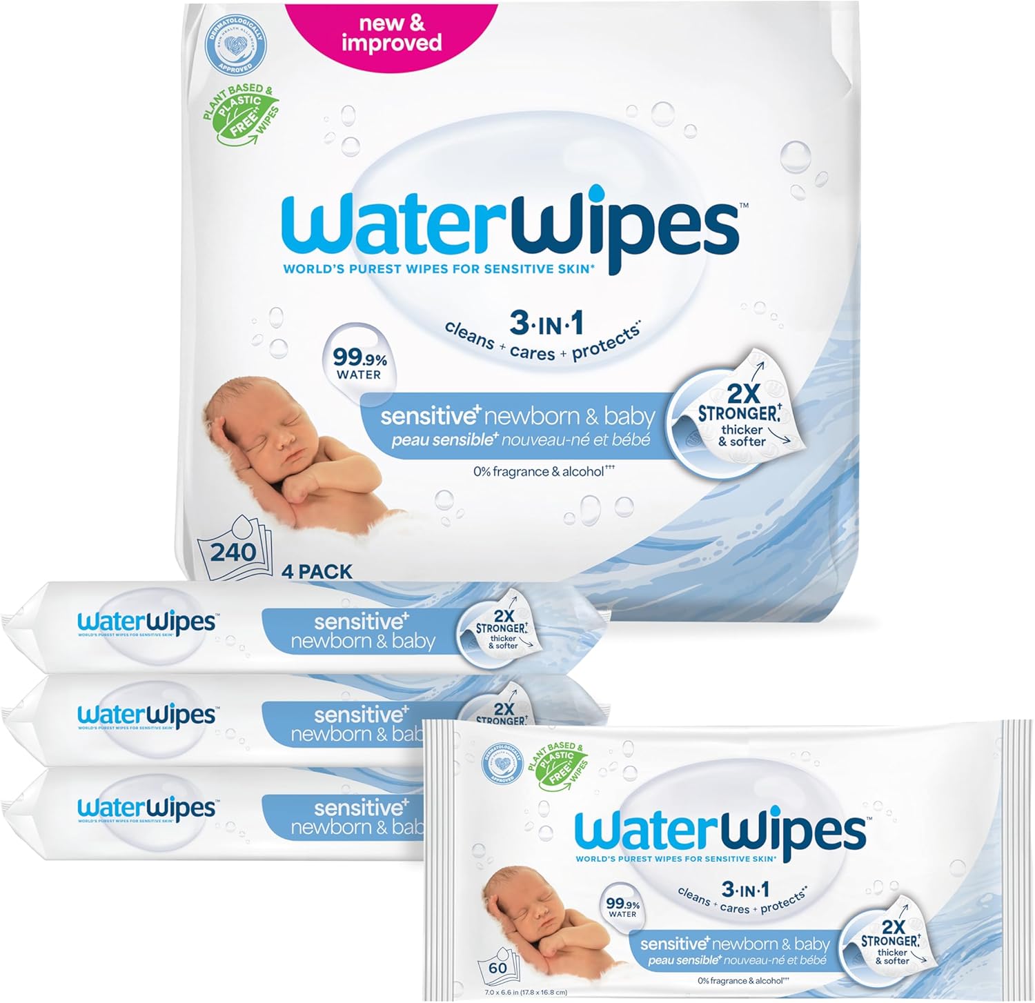 WaterWipes Sensitive+ Newborn & Baby Wipes, 3-In-1 Cleans, Cares, Protects, 99.9% Water, Unscented & Hypoallergenic, 240 Count (4 Packs)