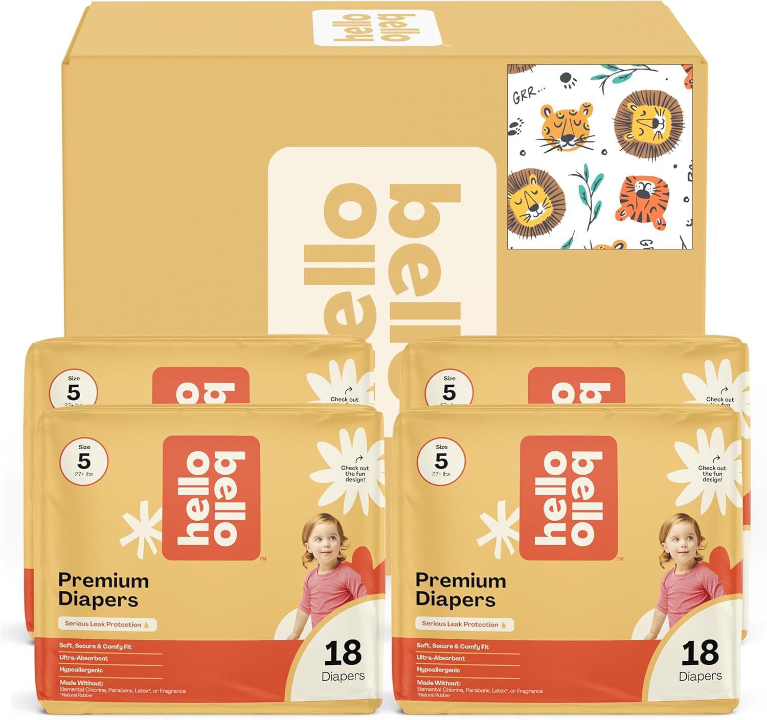 Hello Bello Diapers, Size 5 (27 lbs) Wild Cats, 72 Count Value Pack of Premium Disposable Baby Diapers, Hypoallergenic with Soft, Cloth-Like Feel