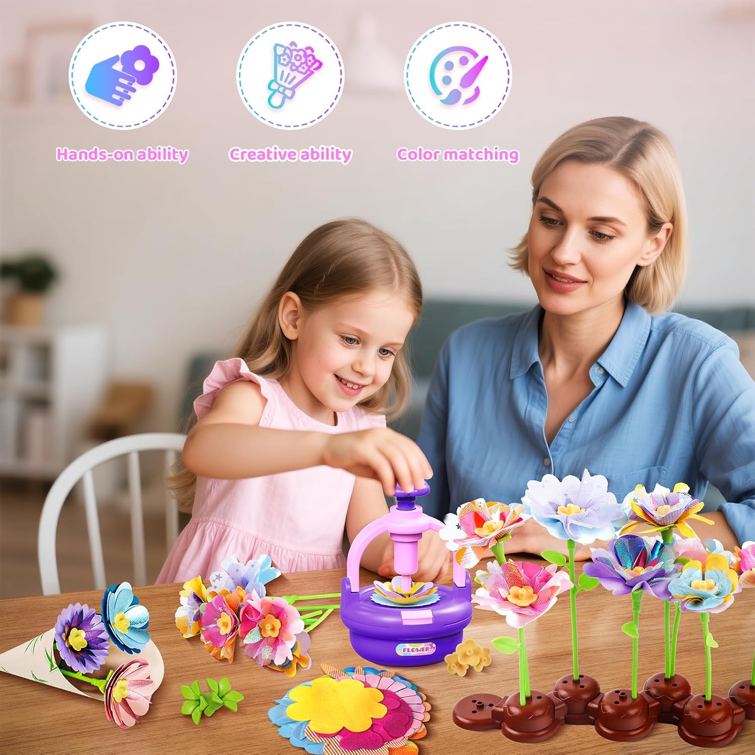 Plunack Flower Bouquets Toys for Kids Age 4-8, Flower Press Kit DIY Flowers Making Craft Kit for 4 5 6 7 Year Old Girls Floral Arts & Crafts Toys Educational Handmade Activity Set, Gift for Girls 3+